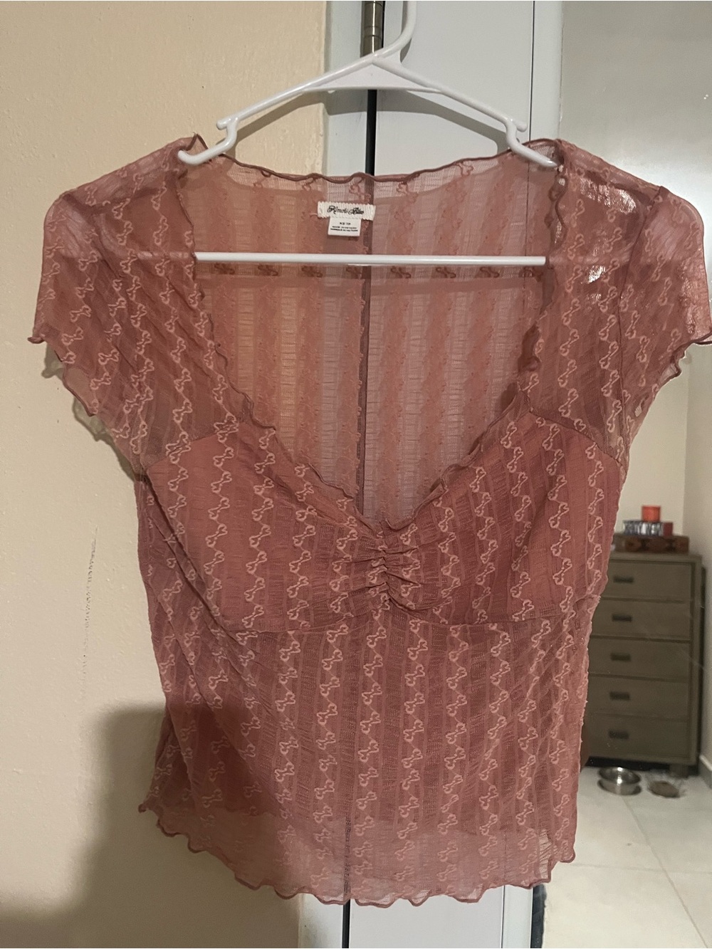 Tilly's Dusty Rose Lace Sheer Ruched V-Neck Top